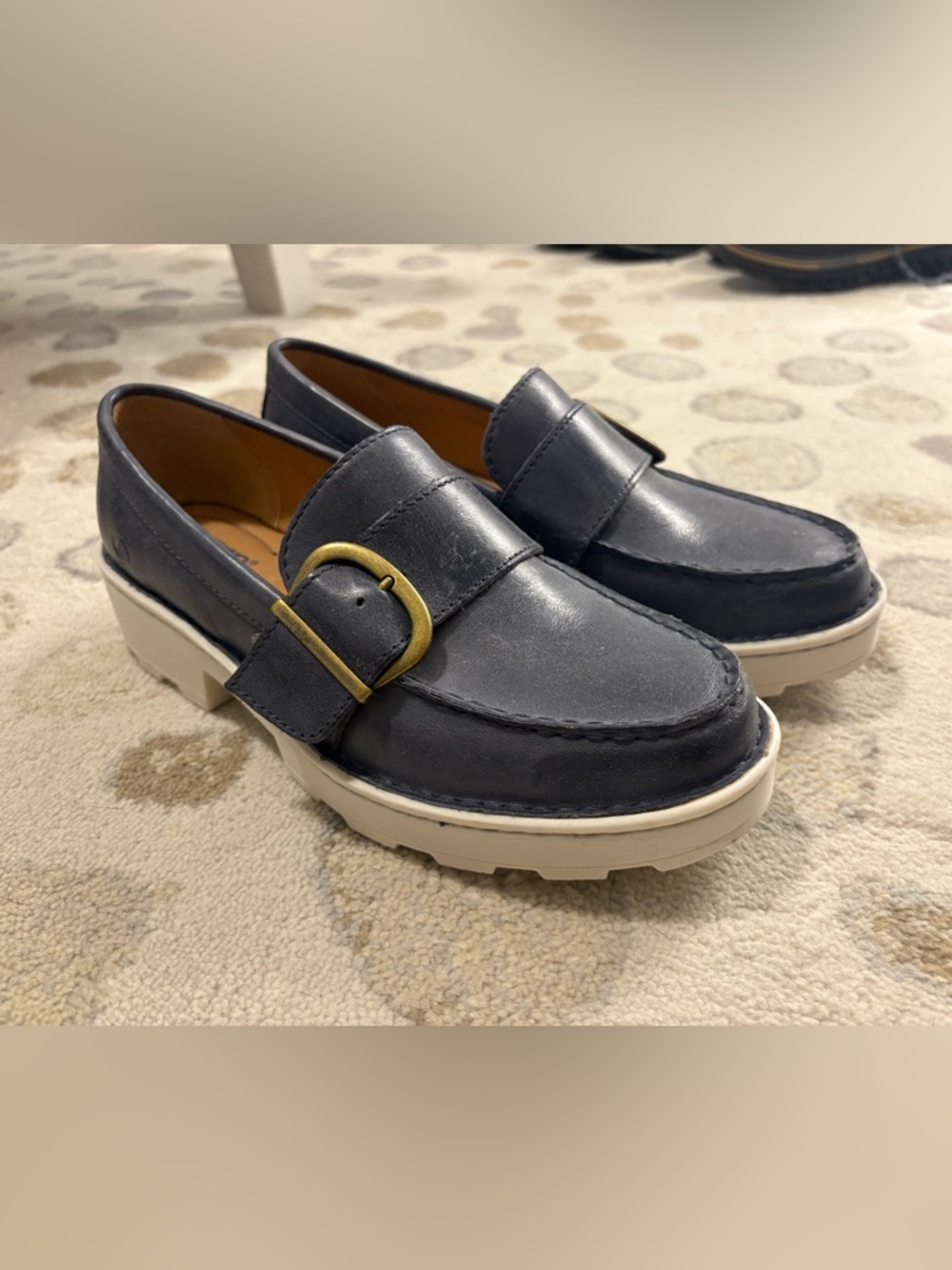 Women’s Born Navy Leather Buckle Loafers with White Lug Sole